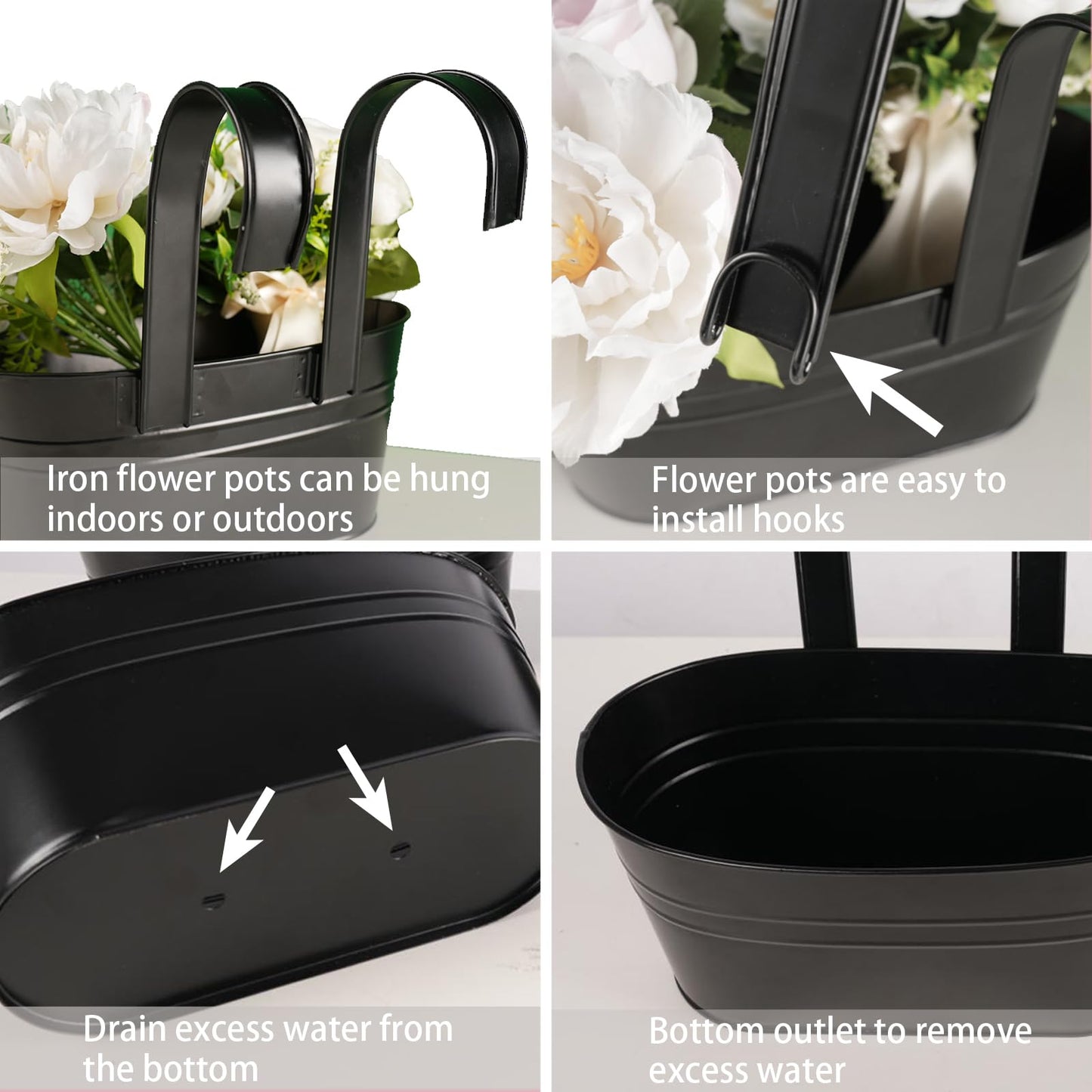4 Pack Metal Iron Hanging Flower Pots 11 Inch Railing Fence Hanging Bucket Pots with Detachable Hooks Countryside Style Window Railing Planter Box for Garden Balcony Outdoor Decors(Black)
