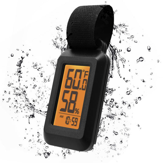dretec Portable Thermometer/Hygrometer, Splashproof, IPX4, Clock Function, 5 Second Measurement, Backlight, Portable, Black