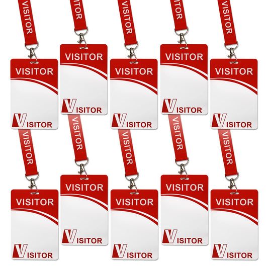Visitor ID Badge Card with Lanyard Clip - Reusable Temporary Pass, Heavy Duty Plastic Name Tag for Company, School, Exhibition (10 pcs)