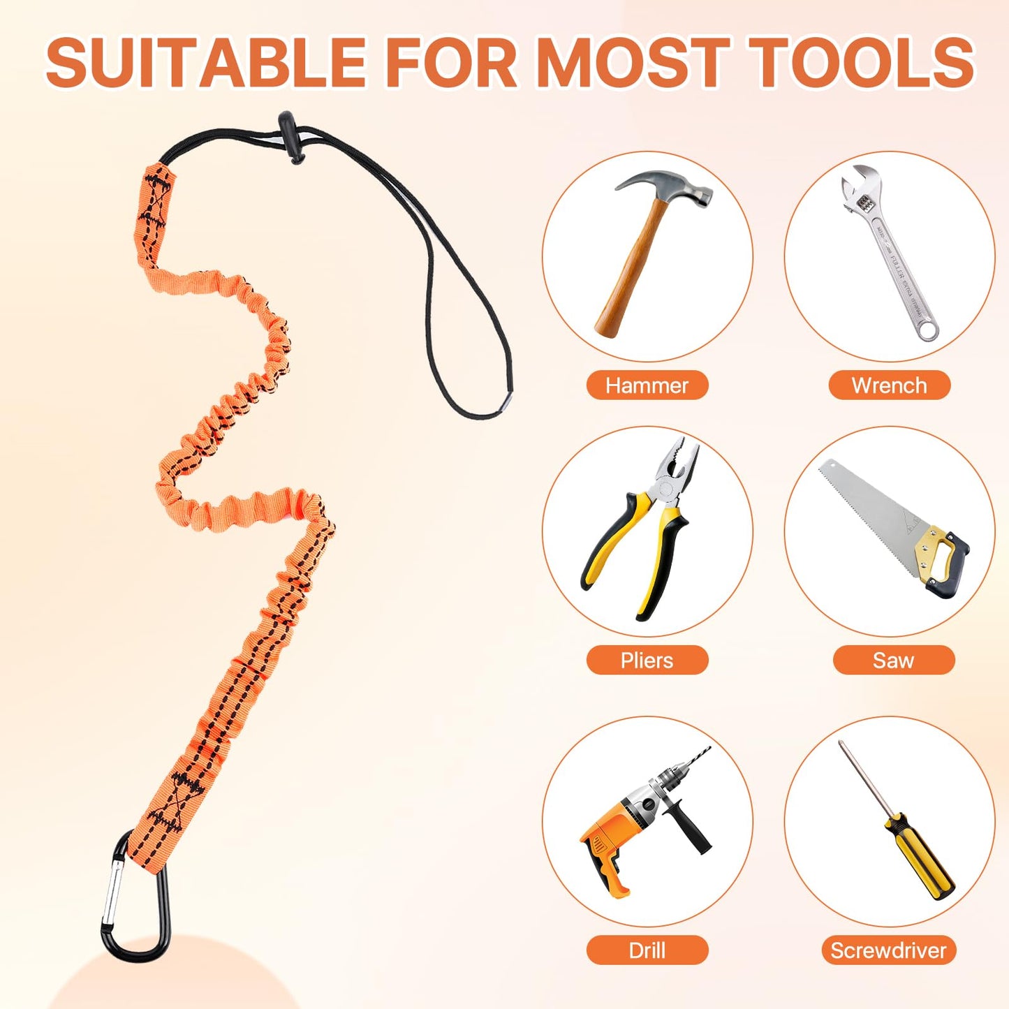 Supkiir 10 Pcs Tool Lanyard, Safety Tool Lanyard with Carabiner, Retractable Tool Lanyards with Adjustable Loop End, Fall Protection Shock Absorbing Cord (20 Lbs)