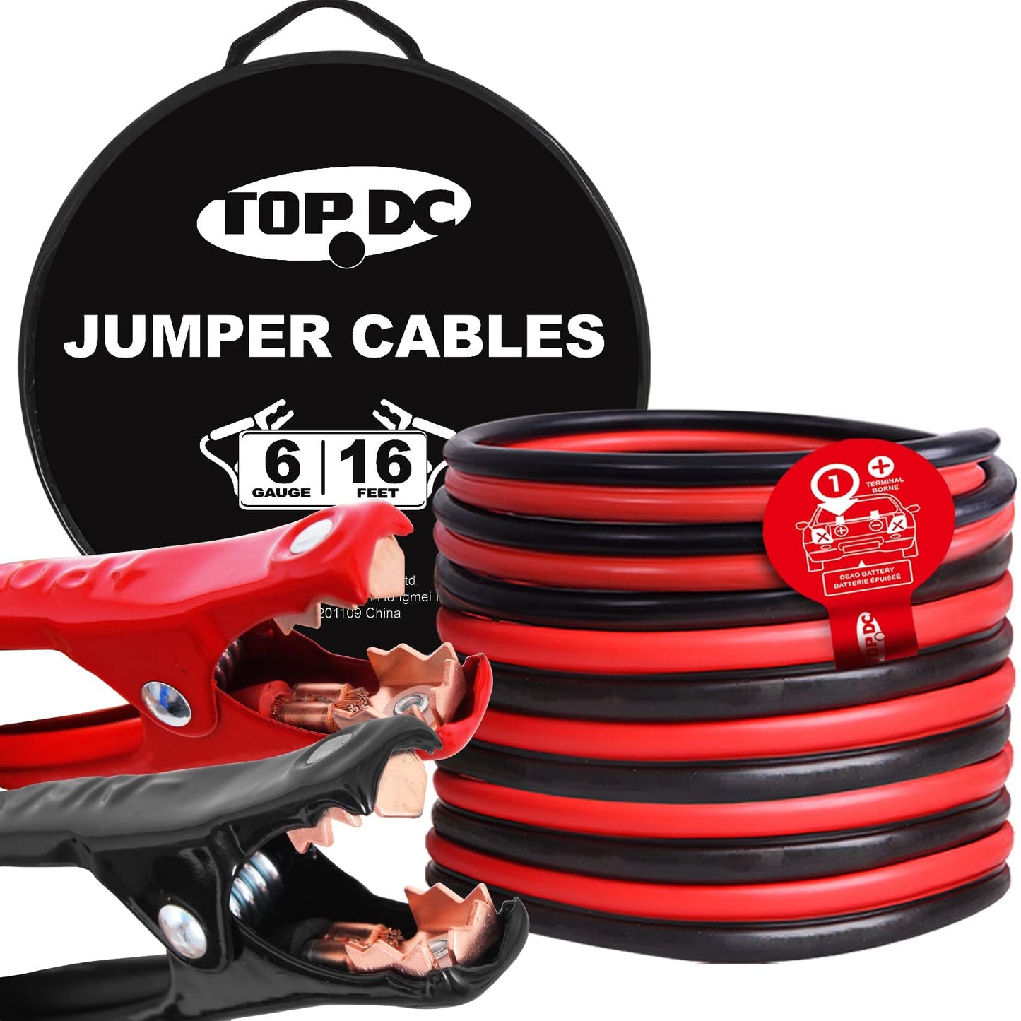 TOPDC 6 Gauge 16 Feet Jumper Cables for Car, SUV and Trucks Battery, Heavy Duty Automotive Booster Cables for Jump Starting Dead or Weak Batteries with Carry Bag, (TD-P0616) Câbles de Démarrage