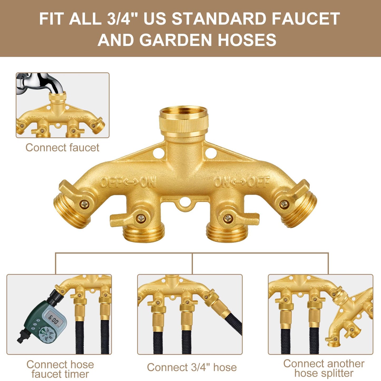 4 Way Garden Hose Splitter, 3/4" Heavy Duty Solid Brass Hose Connector with 4 Valves, 8 Gaskets +1 Seal Tapes, Hose Spigot Adapter for Garden/Home Life/Household Use