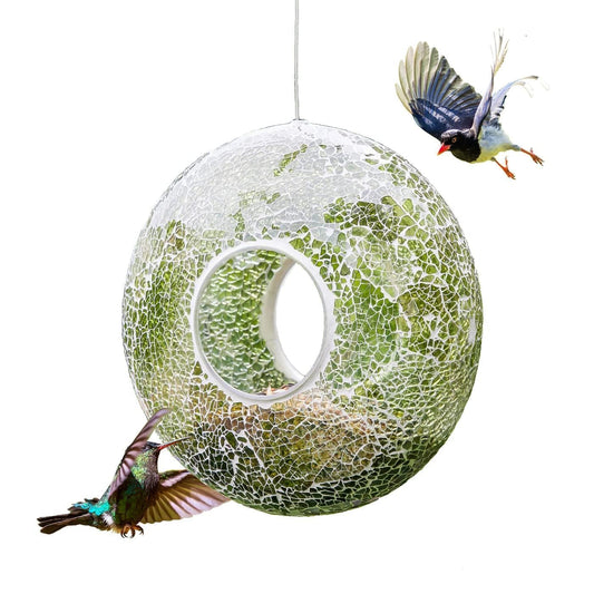 Garden Glass Bird Feeder, Fly-Through Wild Birdfeeder, 9-Inch Hanging Mosaic Circle Bird Feeder for Outdoor Decoration, Green