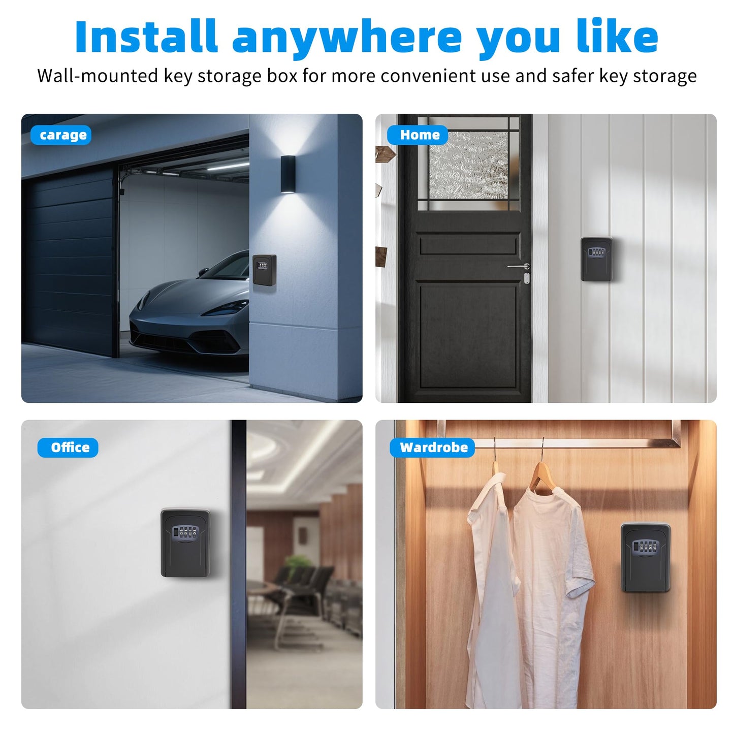 AMMIY Key Lock Box,Combination Lockbox Wall-Mounted Key Storage Box for Keys,Large Key Lock Box Resettable Combination Code Lockbox for Home, Office Realtors, Garage Spare Keys（BLACK)