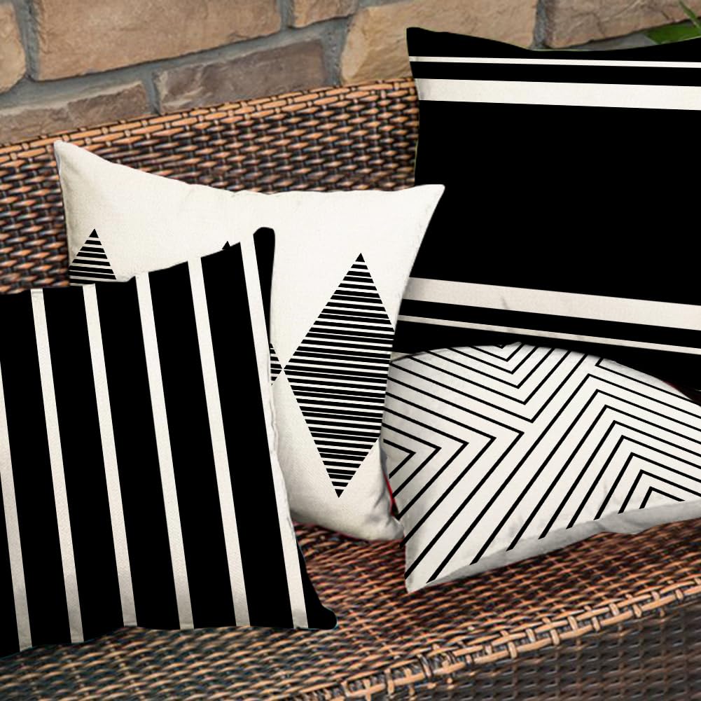 RABUSOFA Black and White Pillow Covers 18x18 Inch Set of 4,Outdoor Pillows Waterproof Boho Farmhouse Decroaions Cushion Cases for Sofa Couch Patio Furniture (03-B18)