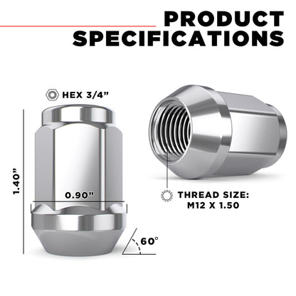 White Knight M12x1.50 Solid Piece Bulge Acorn Lug Nuts (NO Cap) for Select Aftermarket & Factory Wheels, EZ to Install, Durable Carbon Steel, Stylish Triple Layer Chrome Finish - 1907S-20AM (20 Pack)