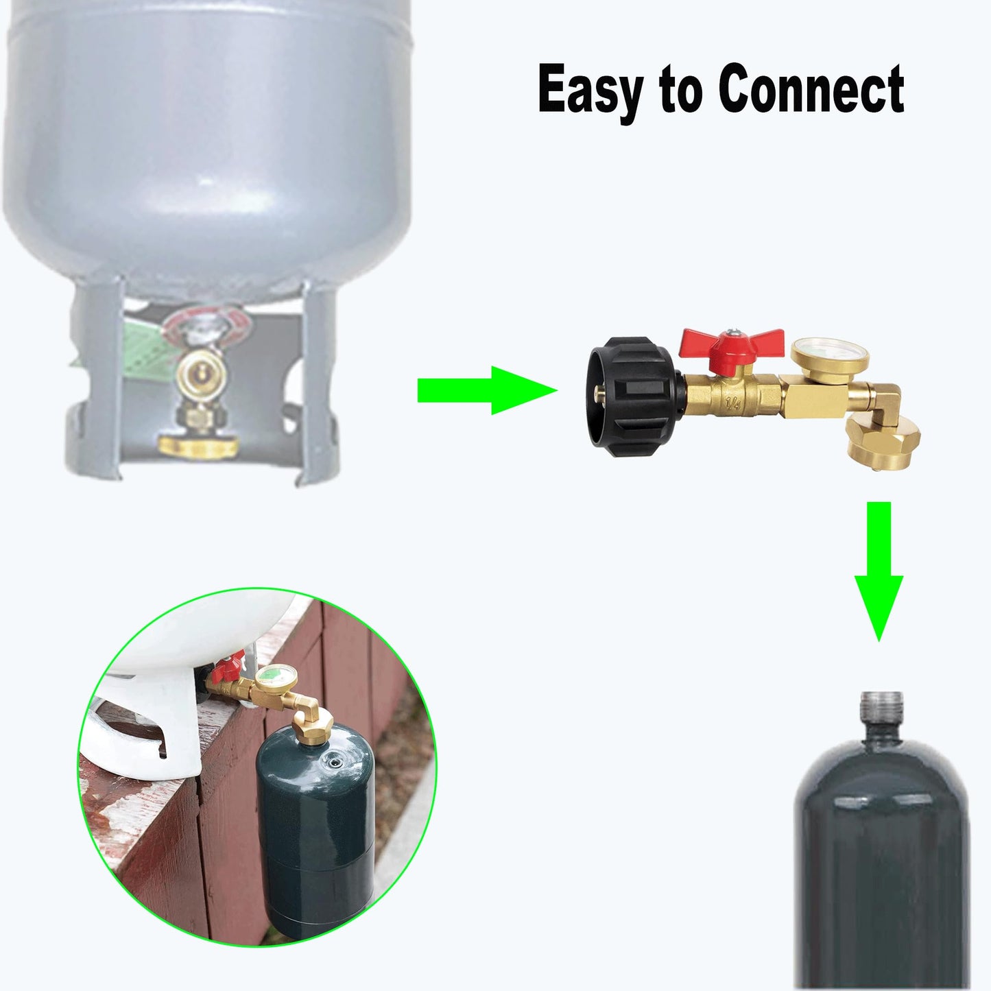 PropaneQCC1 Refill Adapter with Valve and Gauge, Fill 1 Lb Bottles from 20 Lb Tank, 90-Degree Elbow Design, Easy to