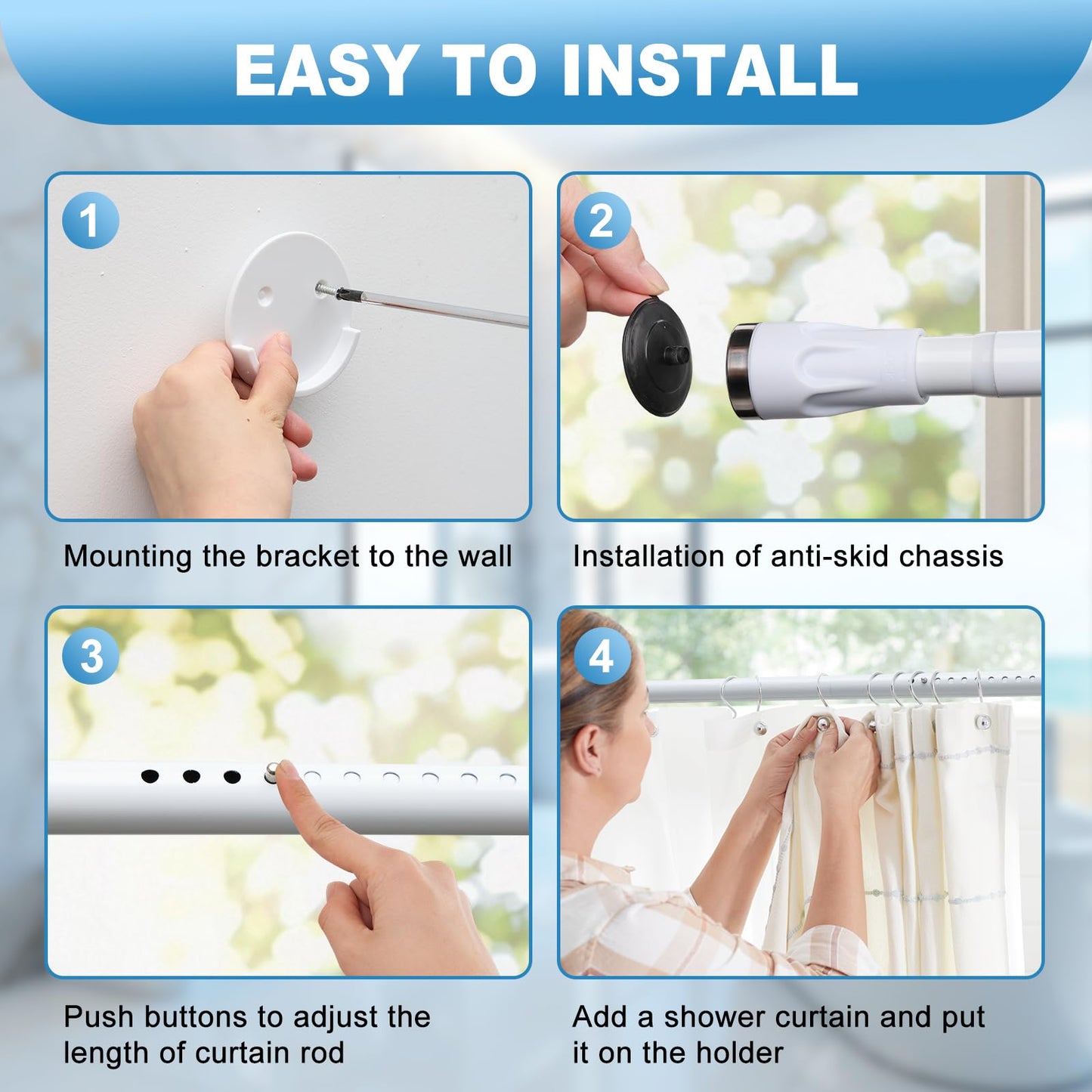 White Tension Curtian rod no drill, 42 to 100 inch Adjustable Heavy Duty black shower curtain rod for Windows bathroom Closet