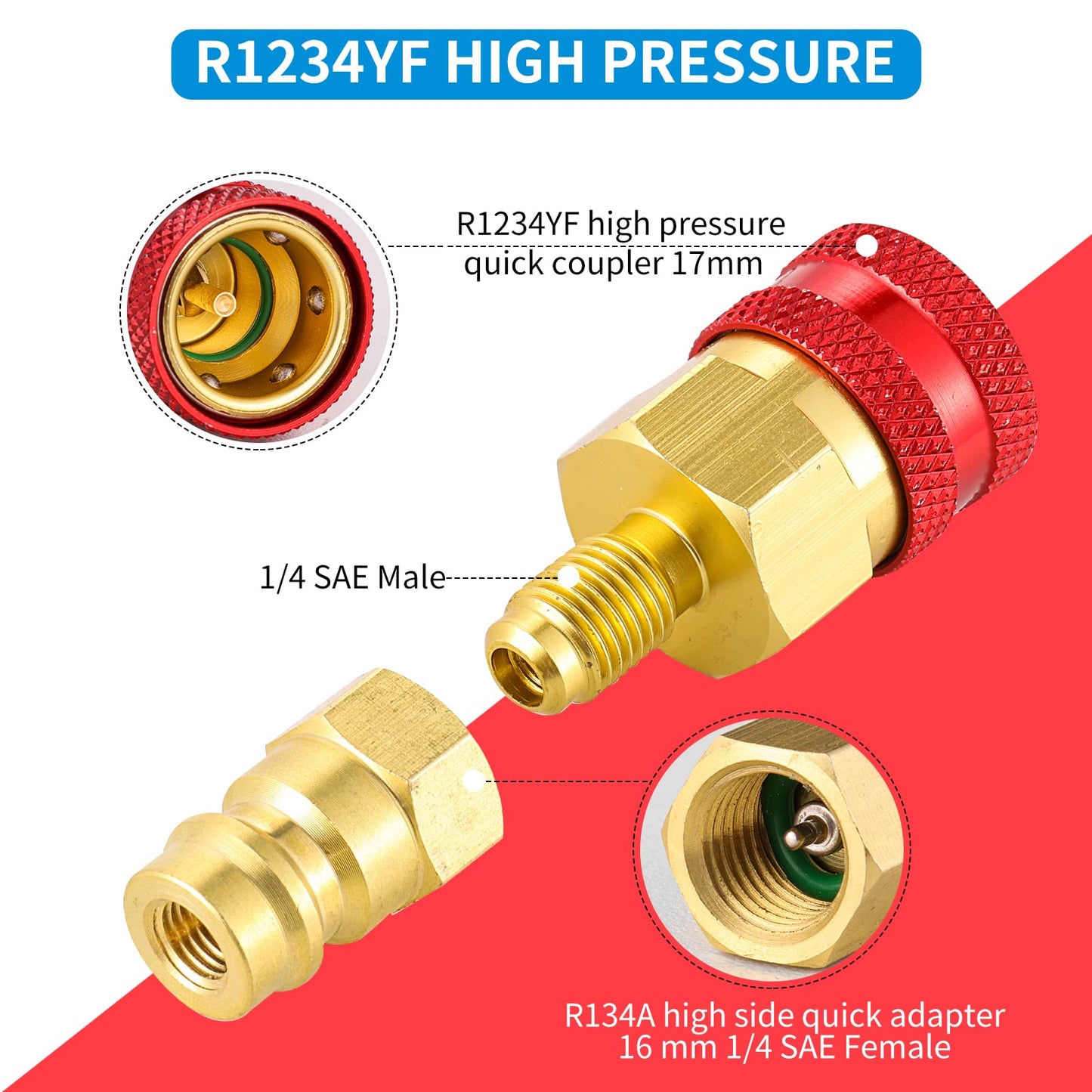Tigbear R1234yf Quick Couplers Kit, R1234YF to R134A Quick Coupler Adapter, High/Low Side Quick Coupler R1234YF AC Charging Hose Adapter Fitting Connector for Car Conditioner AC Charging