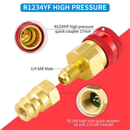 Tigbear R1234yf Quick Couplers Kit, R1234YF to R134A Quick Coupler Adapter, High/Low Side Quick Coupler R1234YF AC Charging Hose Adapter Fitting Connector for Car Conditioner AC Charging