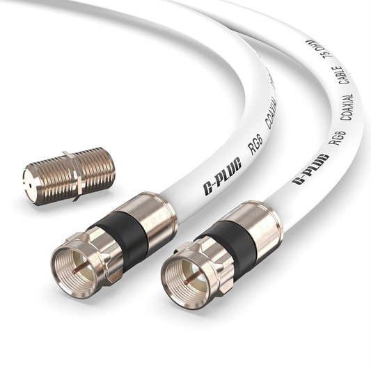 G-PLUG 20FT RG6 Coaxial Cable Connectors Set – High-Speed Internet, Broadband, Digital TV Aerial, Satellite Extension – Weather-Sealed Double Rubber O-Ring and Compression Connectors – White