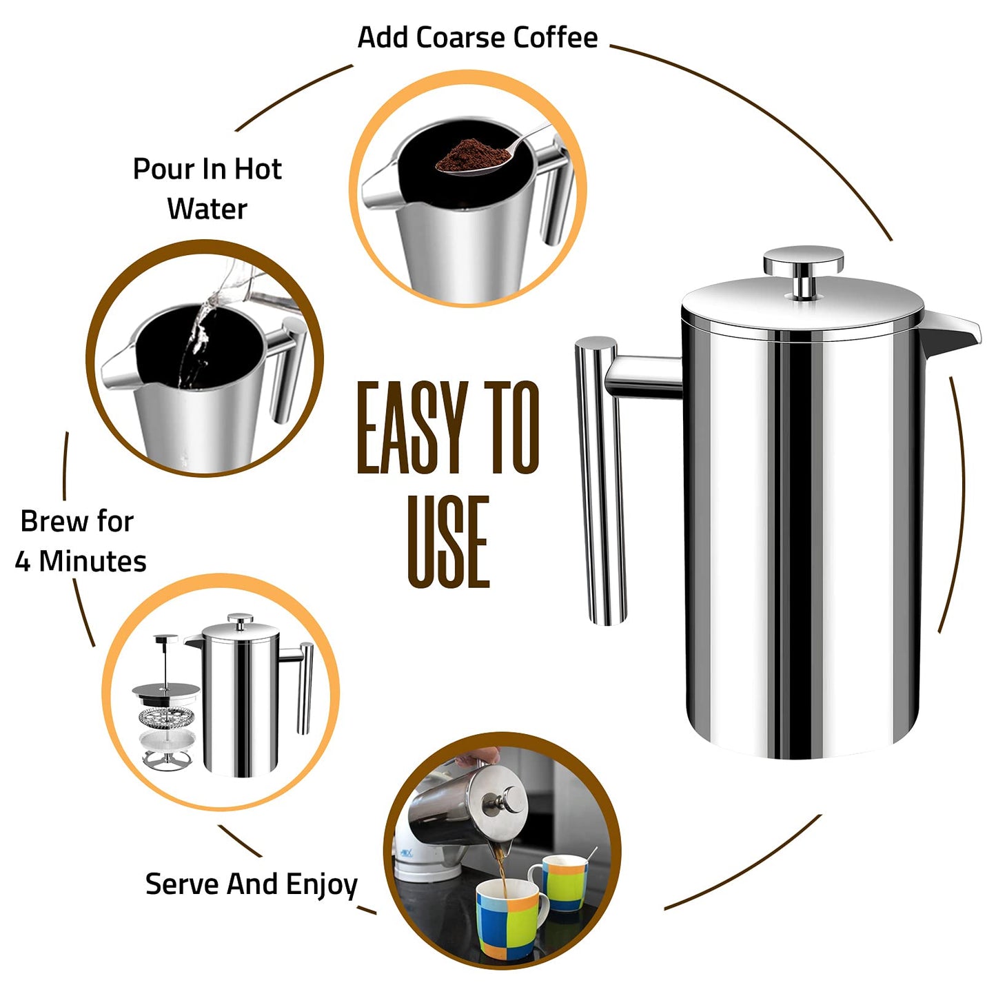 KICHLY 34 OZ French Press, Stainless Steel Double Walled Insulated Coffee Press with Refined Filters, Espresso and Tea Maker - Silver