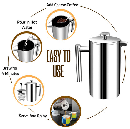 KICHLY 34 OZ French Press, Stainless Steel Double Walled Insulated Coffee Press with Refined Filters, Espresso and Tea Maker - Silver