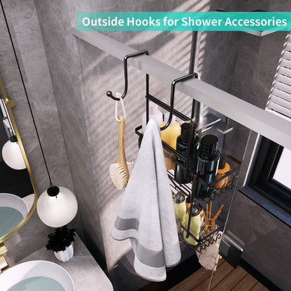 HapiRm Shower Caddy Hanging Over the Door, 2 Tier No Drilling Bathroom Shelf, Shower Shelf with Soap Holder, Waterproof Rust Resistant Bathroom Rack for Shampoo, Conditioner, Soap, Towel, Black