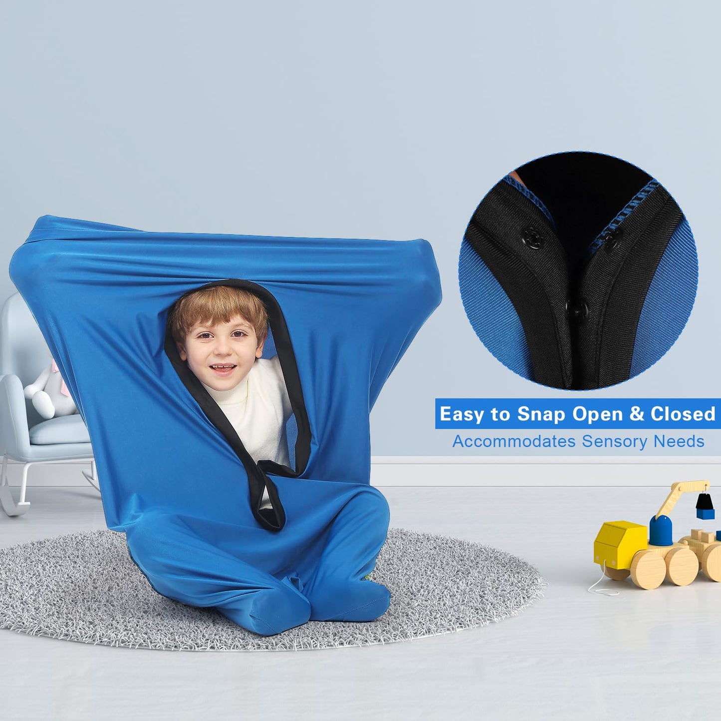 Hugsmiling Body Sock Sensory Kids, Medium Compresson Sock, Cozy Fabric with Strong Stitching and Snaps Closures (Classic Blue)
