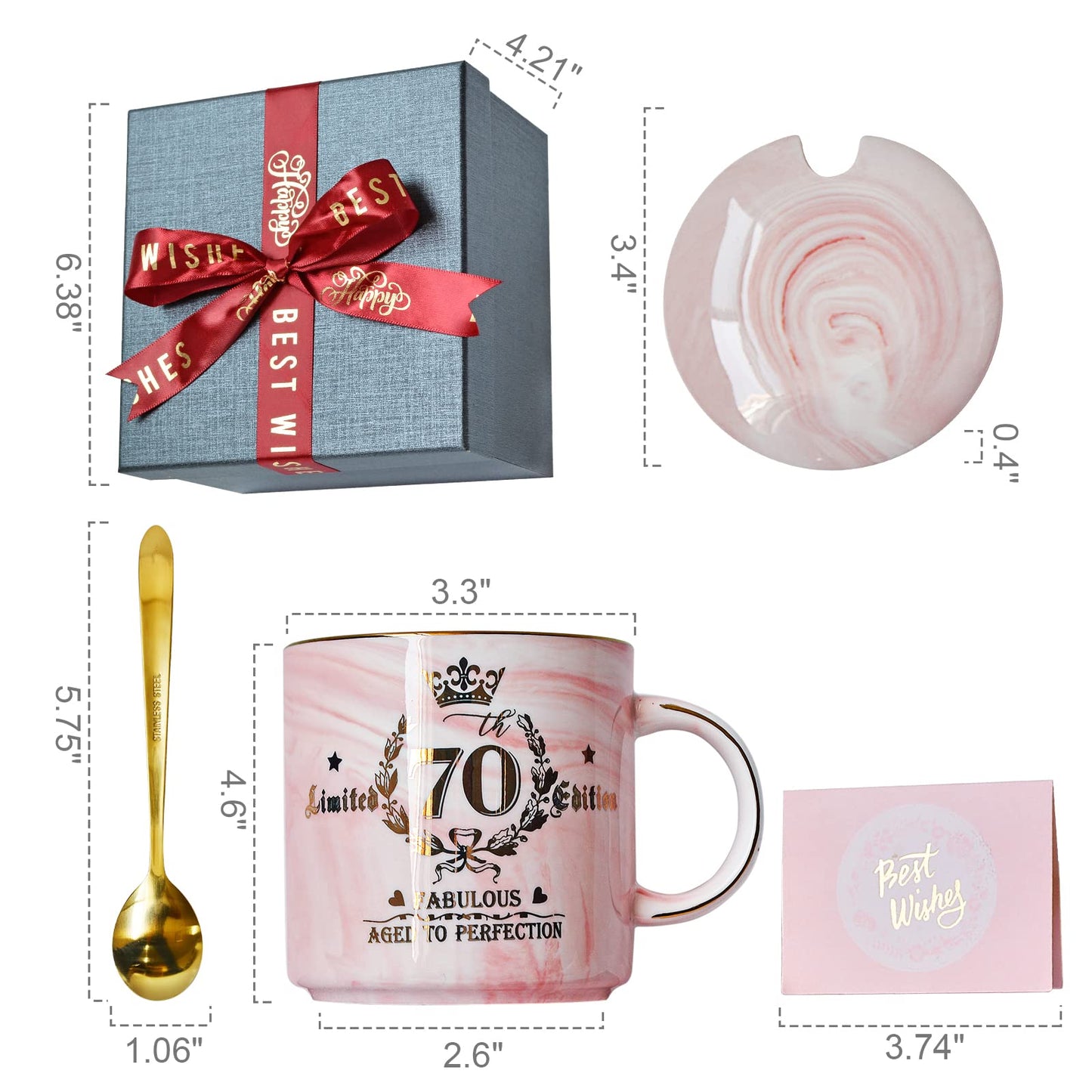 70th Birthday Gifts for Women - 14oz Pink Aged To Perfection Seventy Birthday Mug Printed with Gold - Happy Birthday Keepsake Presents for 70 Years Old Grandma Mom Sister, with Gift Box Lid Card Spoon