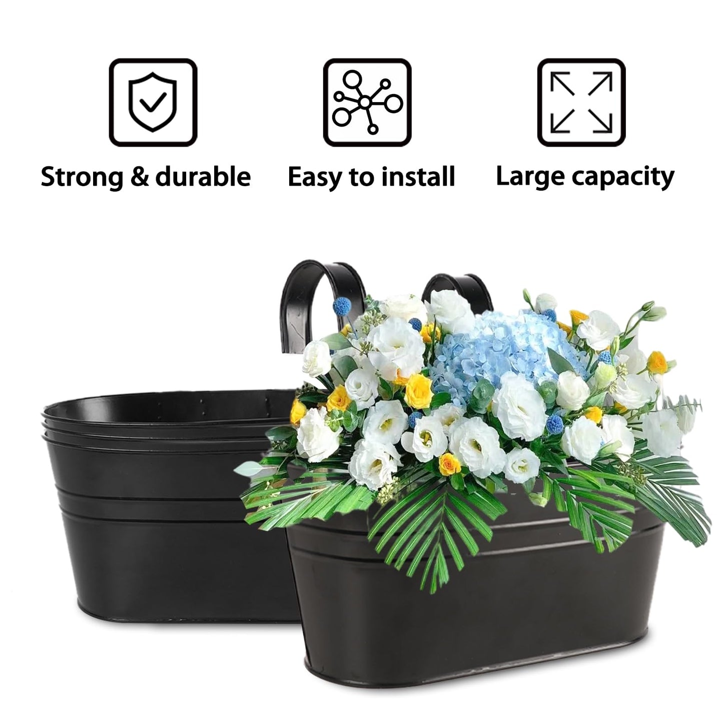 4 Pack Metal Iron Hanging Flower Pots 11 Inch Railing Fence Hanging Bucket Pots with Detachable Hooks Countryside Style Window Railing Planter Box for Garden Balcony Outdoor Decors(Black)