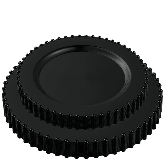 PLASTICPRO 32 Piece Combo Plastic Dinner Plates Disposable Plastic Fancy Heavy Duty Party Dishes 7 inch and 10 inch, Black Beaded