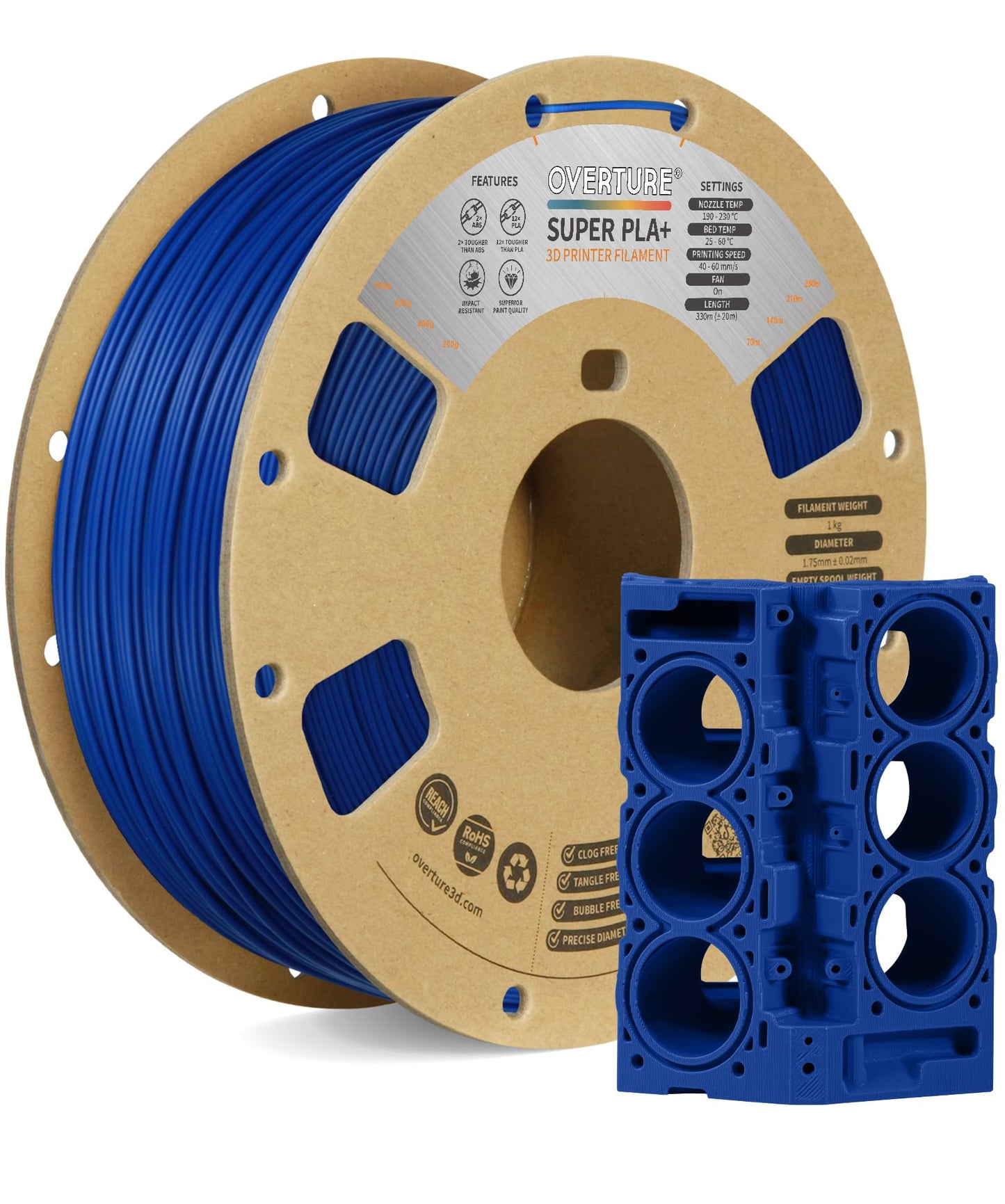 OVERTURE Super PLA+ Filament 1.75mm, Toughness Enhanced PLA Plus, Cardboard Spool, 1kg Filament (2.2lbs), Dimensional Accuracy +/- 0.02mm (Dark Blue)