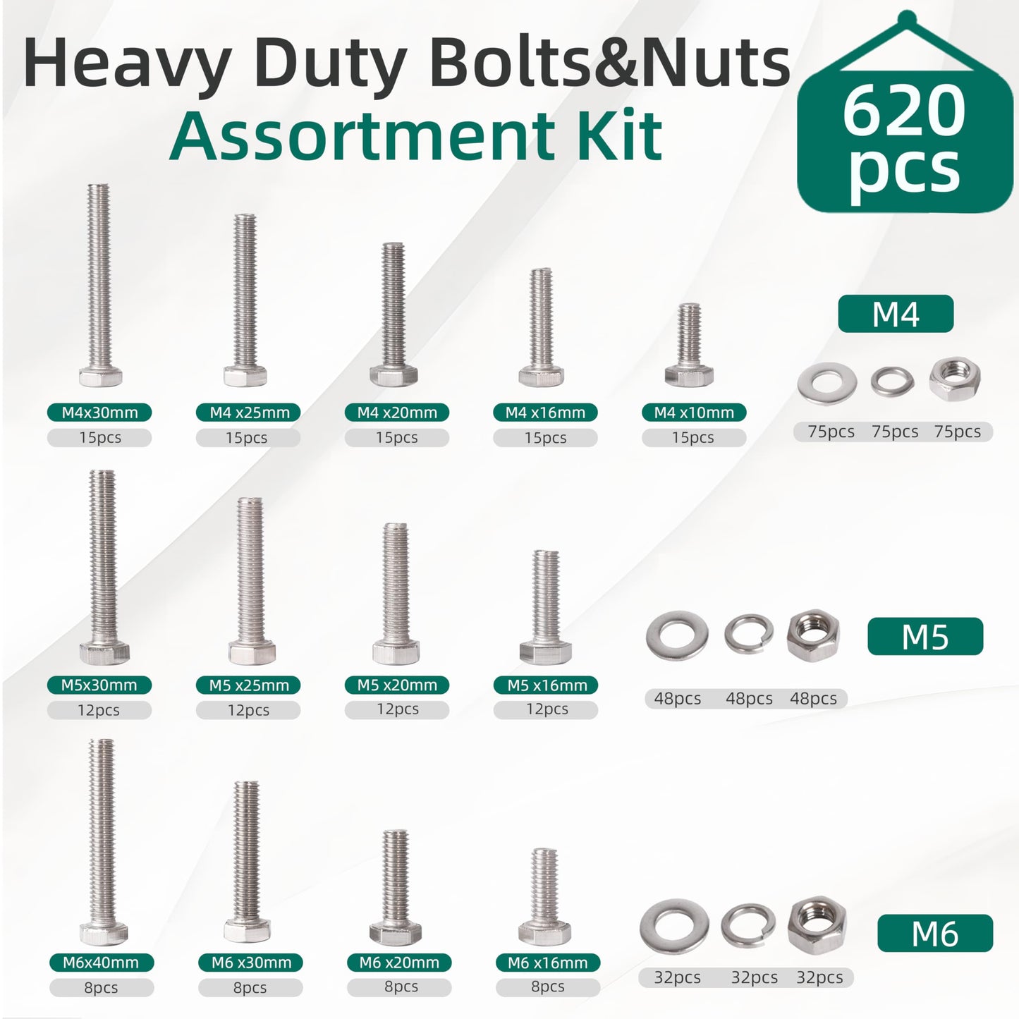 620PCS M4 M5 M6 Heavy Duty Bolts+Nuts Assortment Kit, 304 Stainless Steel, Hex Head Cap Screws Bolts and Nuts Kit with Flat & Spring Washers, Includes 13 Most Common Sizes