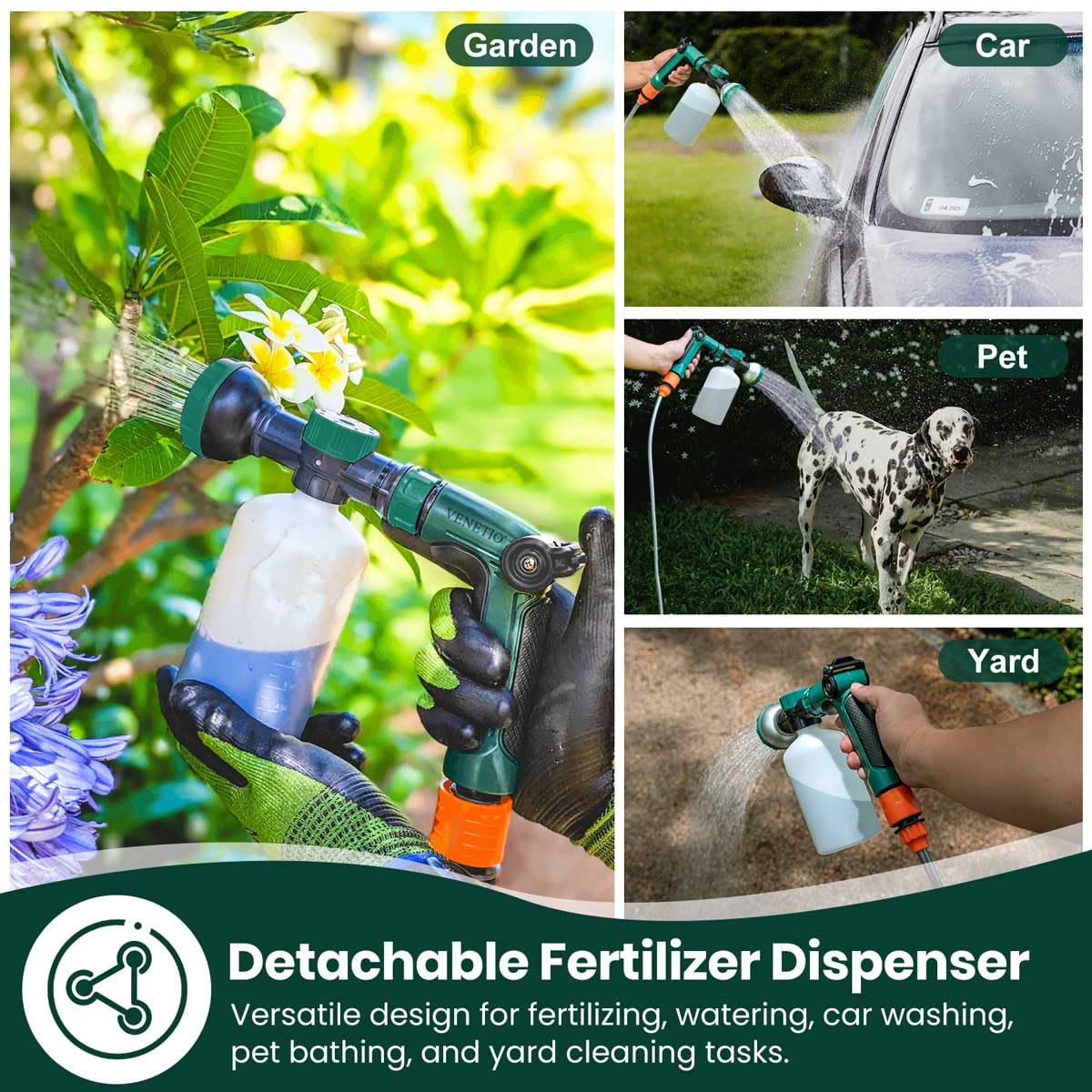 VENETIO 8-Dial Hose Attachment Spray Gun for Liquid Fertilizer/Soap | Precision Lawn & Garden Feeder for Uniform Fertilizing and Watering Plants | Hose-End Nozzle Sprayer with 500mL Bottle
