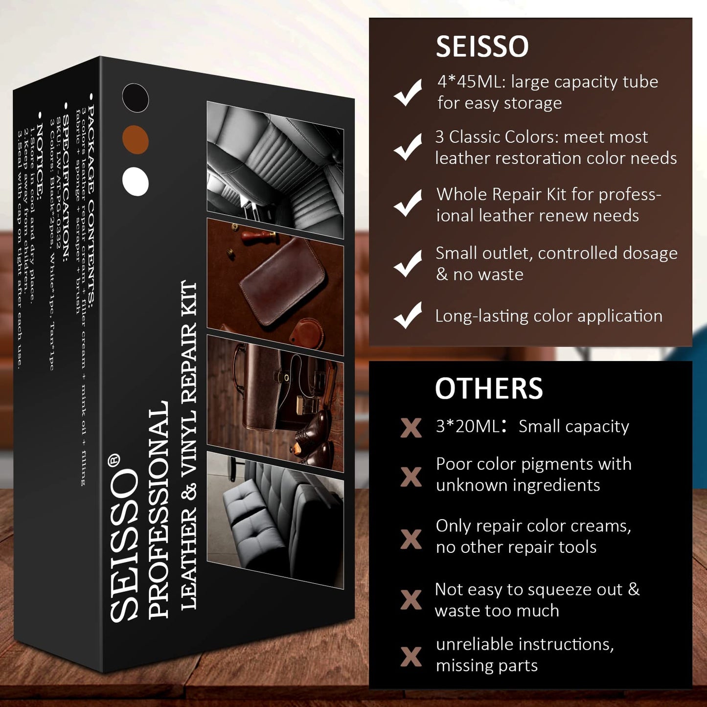 SEISSO Black Leather Repair Kit for Furniture, Leather Dye for Car Seat, Sofa, Boot Care, Shoes, Leather Filler, Leather Scratch Repair Kit with Mink Oil-Set of 11