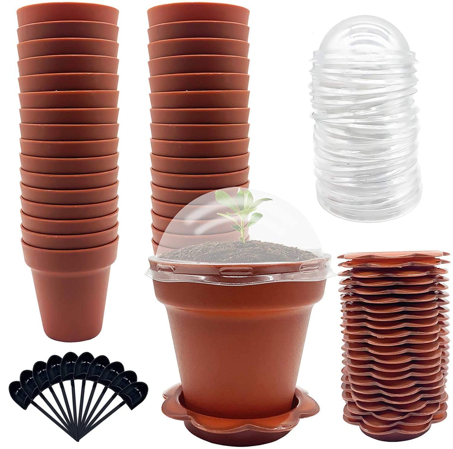 30 Pieces Cupcake Plant Pots with Humidity Dome Shape Small Plastic Flower Pots with Saucers and Shovel for Indoor Outdoor Seedling Succulent Vegetables