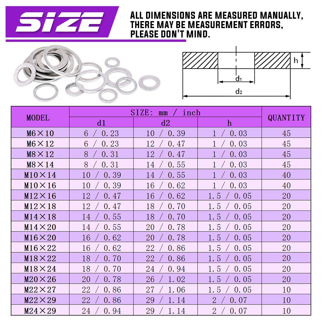 Swpeet 470Pcs Automotive Metric Oil Drain Plug Gasket Aluminum Flat Washer Assortment Kit, Including 18 Different Sizes - M6 M8 M10 M12 M14 M16 M18 M22 M24