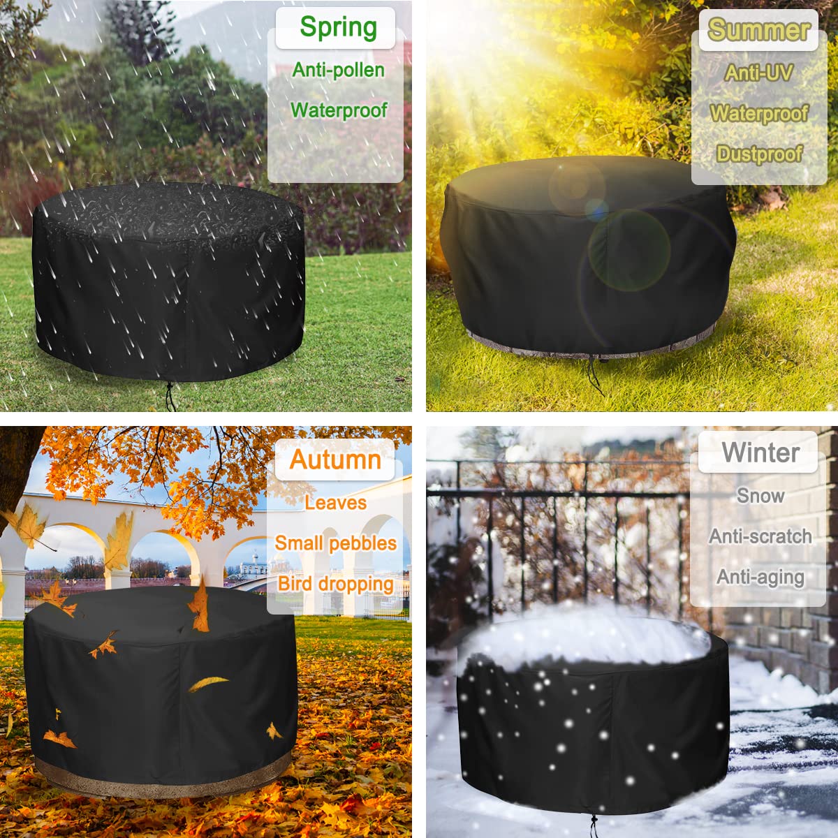 LBTING Fire Pit Cover, 48 inch Cover for 45-48 inch Round Firepit, Waterproof Windproof Dustproof UV-Resistant Heavy Duty Cover for Outdoor Patio Firepit Table - Black
