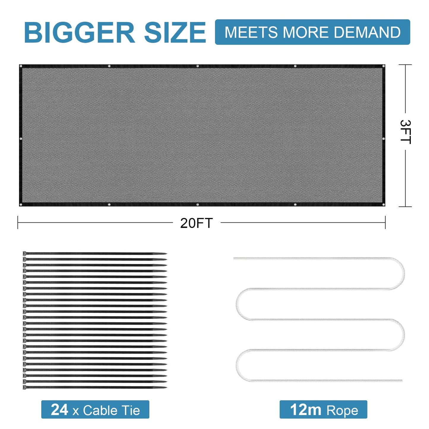 Balcony Privacy Screen 3.0ft x 20ft, Heavy Duty UV Protection Heat Resistant Privacy Curtain for Balcony, Outdoor Privacy Screen with Cable Ties and Rope for Home, Balcony, Garden