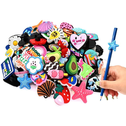 XHAOYEAHX 100PCS Summer Theme Different Pencil Topper Charms Decoration Sun Theme Ocean pen charms PVC pen Topper Student DIY Pencil Clips Charms Accessories for Classroom Students Gifts Awards.