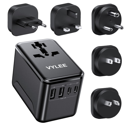 VYLEE Travel Adapter Worldwide, Universal Travel Plug Adapter with 2 USB C and 2 USB A, International Socket Adapter for USA, England, Japan, Maldives, Sri Lanka, Australia (Type A/C/D/G/I)