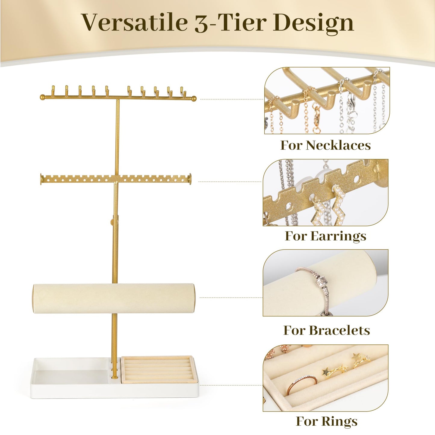 Tirzah 3-Tier Adjustable Jewelry Holder Organizer Stand with 20 Necklace Hooks, 18 Earring Holes and Notches, Bracelet Holder, 6 Ring Rolls, and Jewelry Tray for Girls, Women