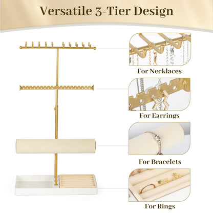 Tirzah 3-Tier Adjustable Jewelry Holder Organizer Stand with 20 Necklace Hooks, 18 Earring Holes and Notches, Bracelet Holder, 6 Ring Rolls, and Jewelry Tray for Girls, Women