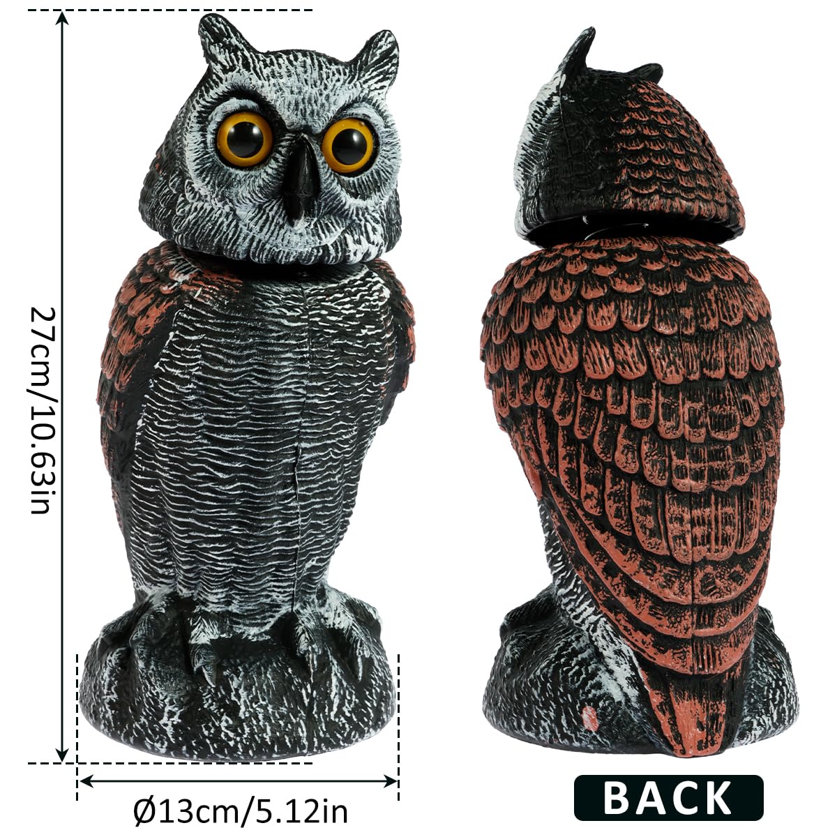 Owl Decoys to Scare Birds Away Fake Owl Decoy with Rotating Head Lifelike Scarecrow Plastic Owls to Scare Birds Waterproof Garden Owls Statue for Patio Garden Yard