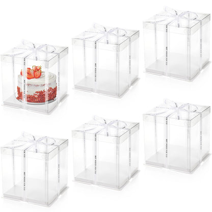 Cididu 6 Pcs Clear Cake Box with Ribbon, 2-Layer Tall Cake Packaging Boxes 8x8x9 Inch, PET Cake Carrier Transport Container for Tiered Cakes, Transparent Gift Display Boxes with Lid for Birthday Party