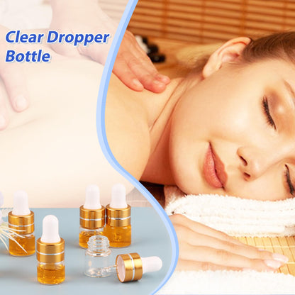 Comrzor 100 Pack 1ml Clear Glass Dropper Bottles with 4 Pcs Plastic Droppers, Mini Sample Dropper Bottles for Essential Oils Perfume Cosmetic Liquid, Empty Travel Sample Vials with Gold Cap