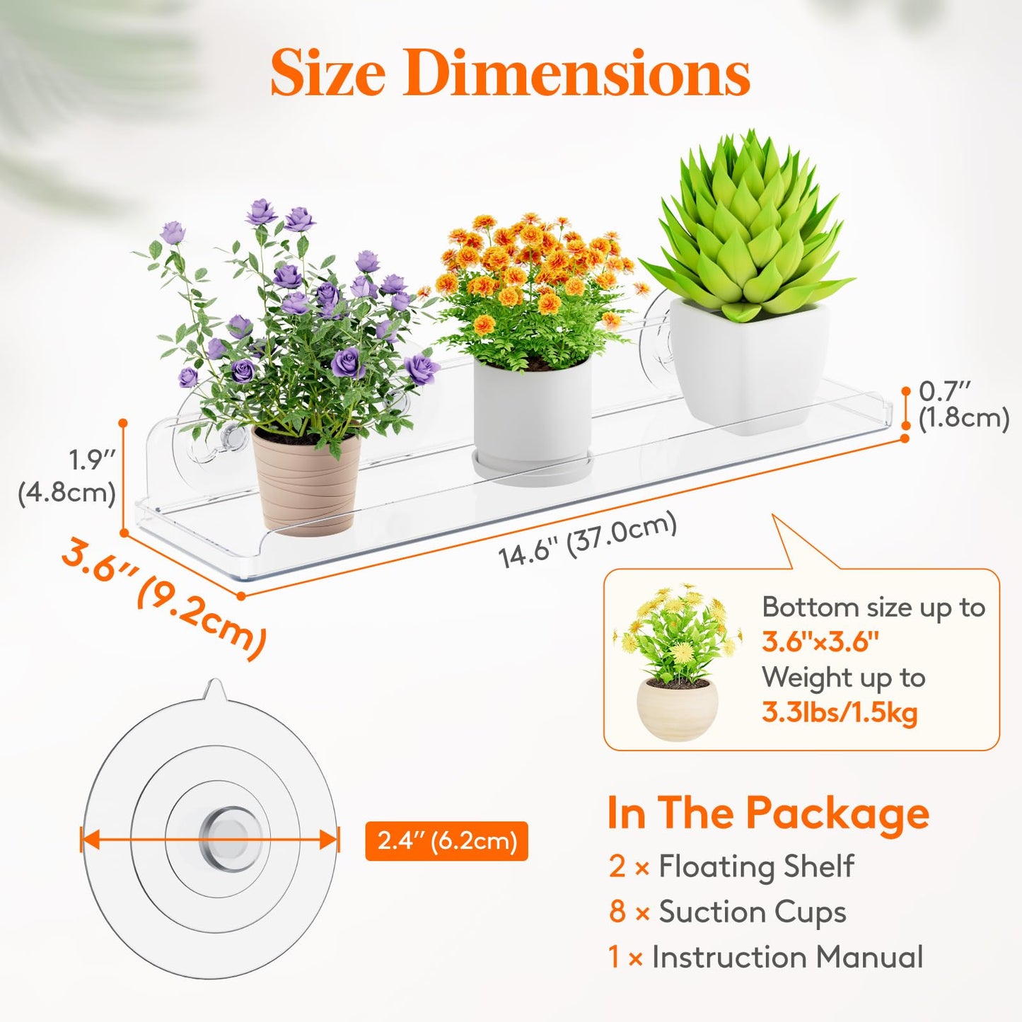 Lifewit Window Plant Floating Shelves 15 x 4 inch, 2 Pack Acrylic Suction Cup Shelf, Window Sill Extender for Indoor Succulent Plants, Micro Greens, Seed Starter Pots, Herb Planters