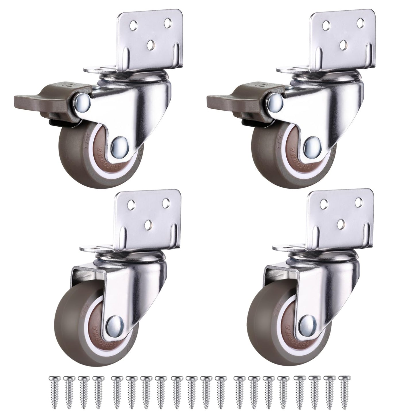 Luxinika L-Shaped Caster Wheels 1.5 Inch, Small Side Mount Casters Set of 4 Heavy Duty 176 Lbs with Brakes, Silent TPE Rubber Swivel Plate Caster Wheels for Furniture, Rolling Cabinets, Tables
