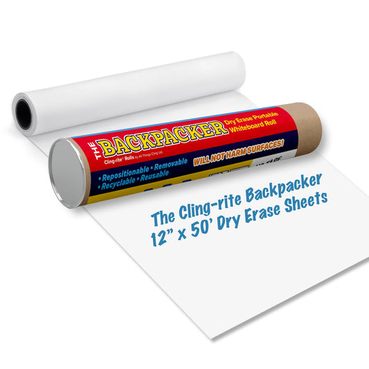New Format-Backpacker Cling-rite Rolls Clingers Dry Erase Portable Whiteboard - 50" Roll, 12" You can Trim to Any Length. Reusable for School Office Decor, Kids Art & Craft Projects - American Made