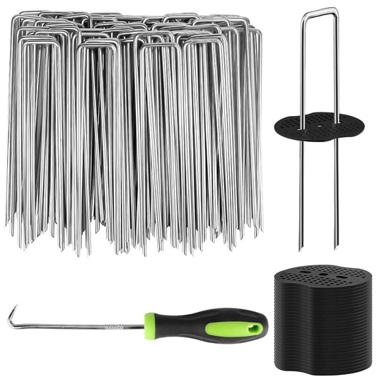 101Pcs Garden Landscape Staples with Gasket and Precision Hook, 11 Gauge 4'' Galvanized U-Shaped Sod Pins Yard Fence Ground Stakes for Fixed Tents Weed Mat Gardening Cover