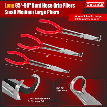 CoLuck 3Pcs 11" Hose Gripper Plier Set, 5/16-Inch, 1/2-Inch, 3/4-Inch Dia, Offset Spark Plug Boot Removal Pliers Serrated Jaws for Hard to Reach Narrow Spaces