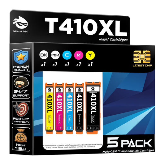 NINJA INK Compatible Replacement for 410 Ink Cartridges T410 Ink 410xl - Expression Premium XP-530 XP-630 XP-635 XP-640 XP-7100 XP-830 Small-in-One (1 Set | Latest CHIP)