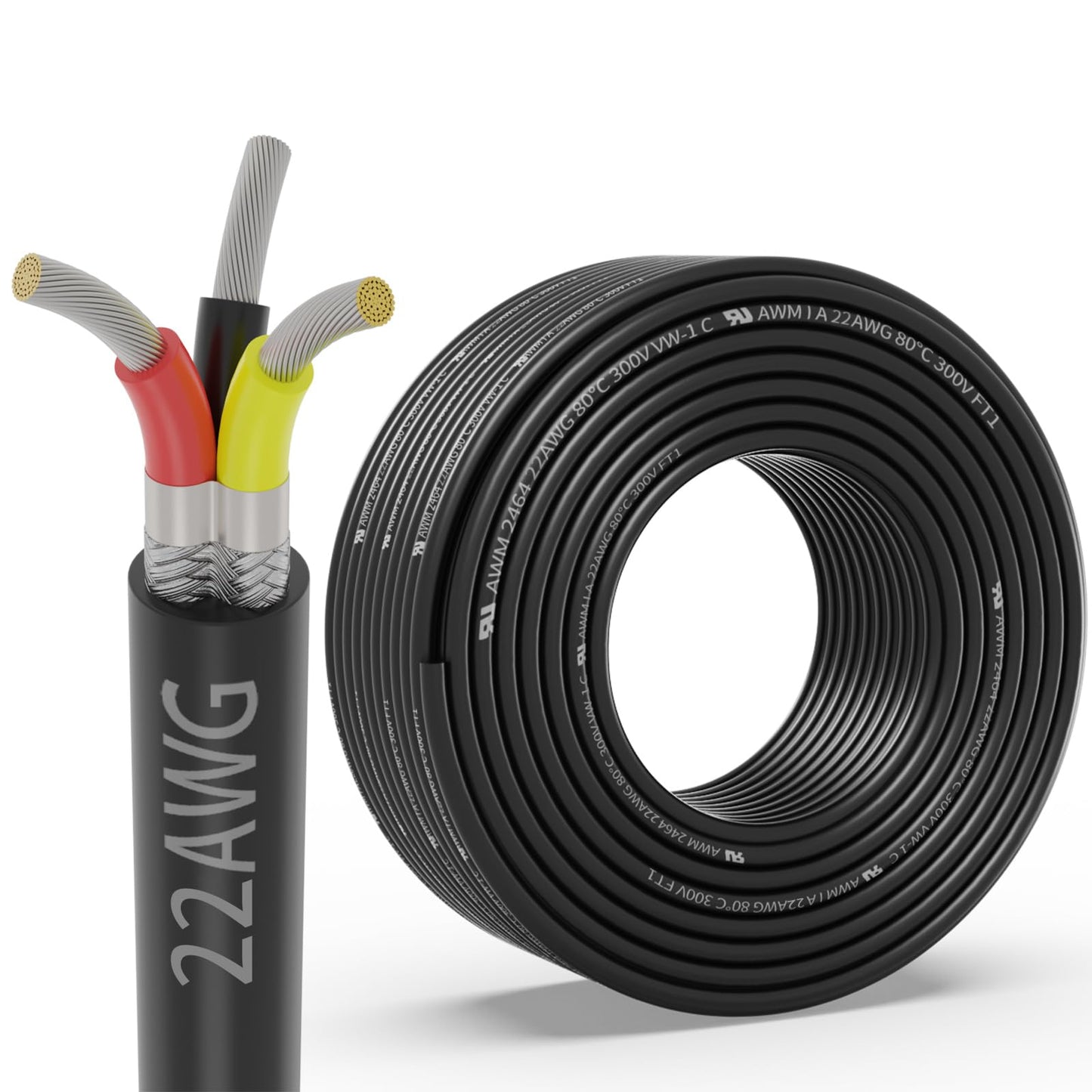 22 Gauge 3 Conductor Shielded Wire 25FT, UL2464 22 AWG 3 Core Cable Tinned Copper Stranded 22/3 CNC Wire for CNC VFD Spindle, Stepper Motor, 3D Printer, Sound, Speaker, Signal Transmission, etc.