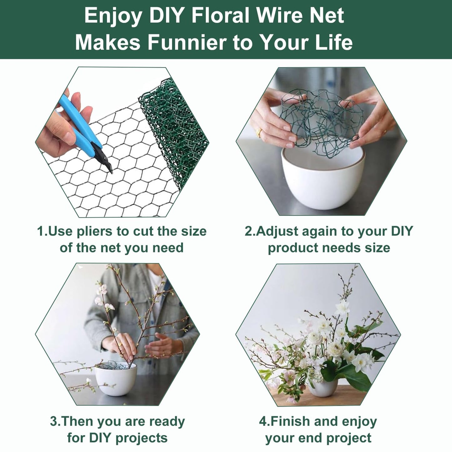 Chicken Wire for Floral Arrangements, 16 x 236 Inches Green Floral Chicken Wire Mesh, 0.6 Inch Hexagonal Galvanized PVC Coated Garden Mesh Netting Fence for Crafts Poultry Garden with 100pcs Ties