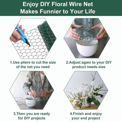 Chicken Wire for Floral Arrangements, 16 x 236 Inches Green Floral Chicken Wire Mesh, 0.6 Inch Hexagonal Galvanized PVC Coated Garden Mesh Netting Fence for Crafts Poultry Garden with 100pcs Ties