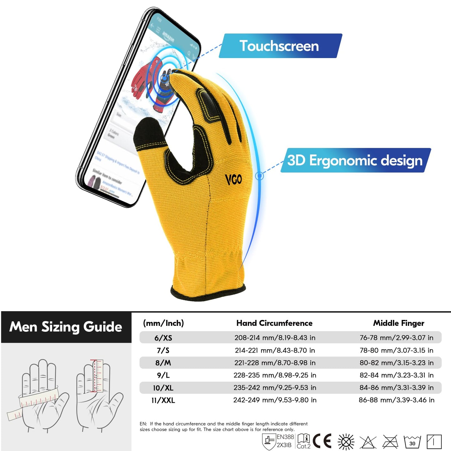 Vgo... 1Pair 5℃/41°F Winter Work Gloves Men, Cold Weather Waterproof Safety Work Gloves,Cold Storage or Freezer Glove, Light Duty Touchscreen Warm Gloves(Yellow,M,NB7581FLWP)