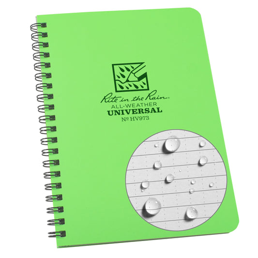 Rite in the Rain Weatherproof Side Spiral Notebook, 4.625" x 7", Hi Vis Green Cover, Universal Pattern (No. HV973)