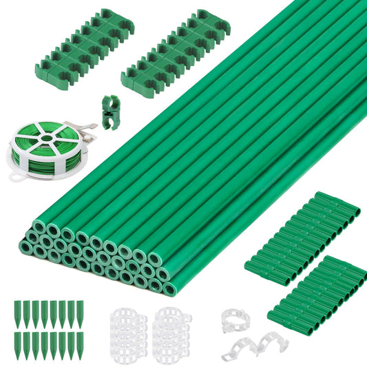 Cludoo Garden Stakes Set with 30 Sets Fiberglass Plant Stakes Sticks Supports and Accessories, DIY 4ft 5ft 6ft 7ft Tomato Stakes for Vegetables, Tomato, Pepper, Fences Indoor Outdoor Plants