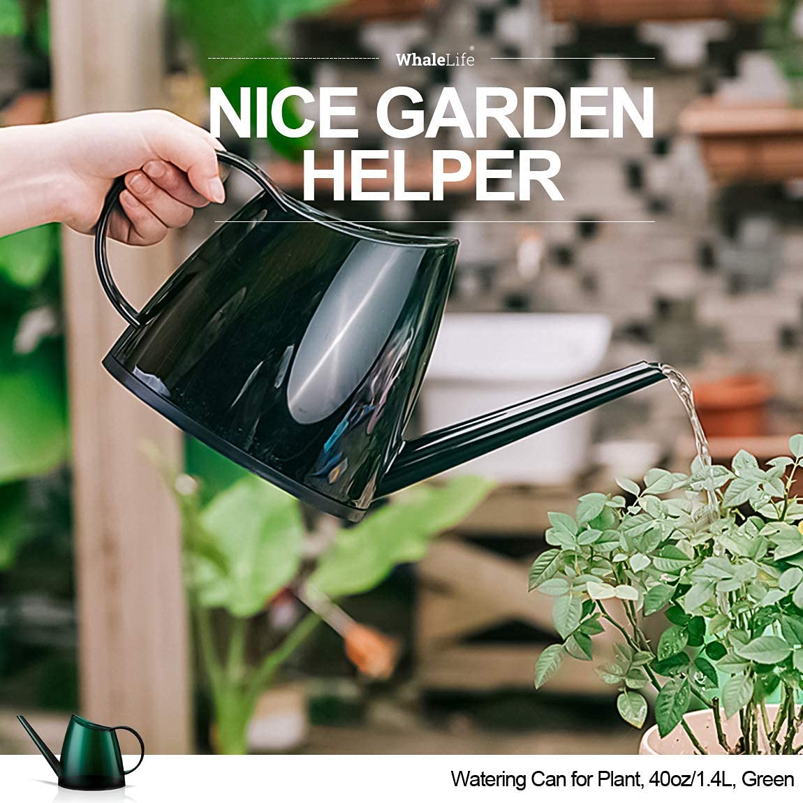 WhaleLife Indoor Watering Can for House Bonsai Plants Garden Flower Long Spout 40oz 1.4L 1/3 Gallon Small Modern (Green)
